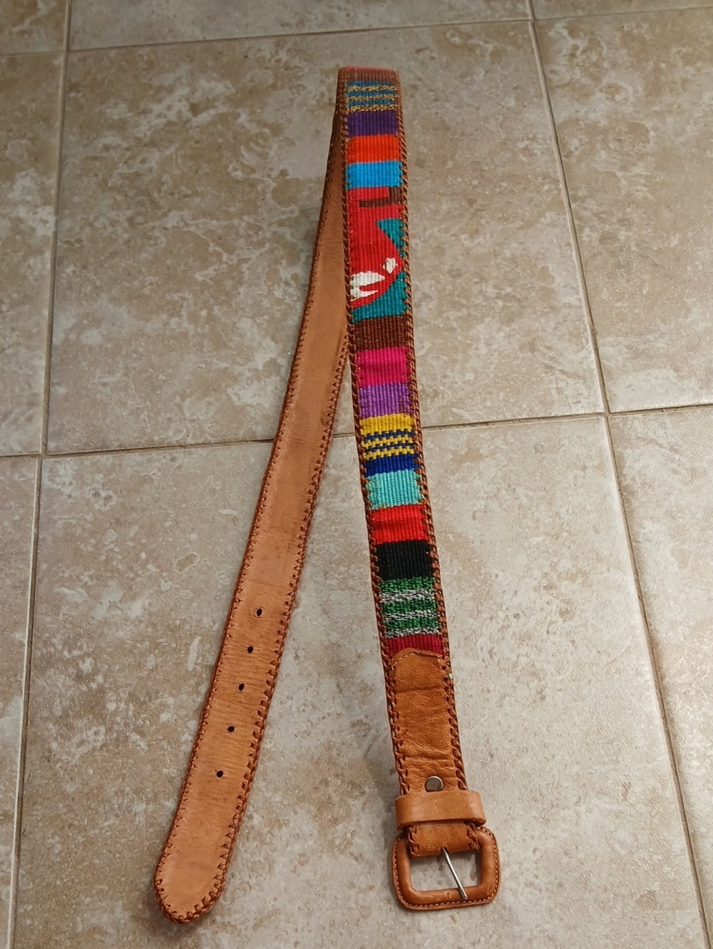 Hand Crafted tan Leather Belt with Colorful Woven Stripe